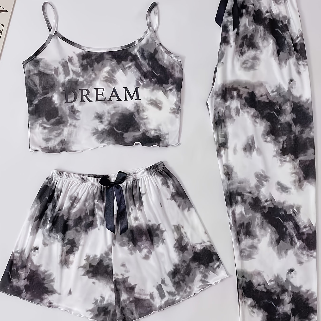 TEMU 3in1 Women' Korean Sleep Set Spaghetti Strap Croptop + Shorts + Pants, Cozy Matching Pajamas For Women