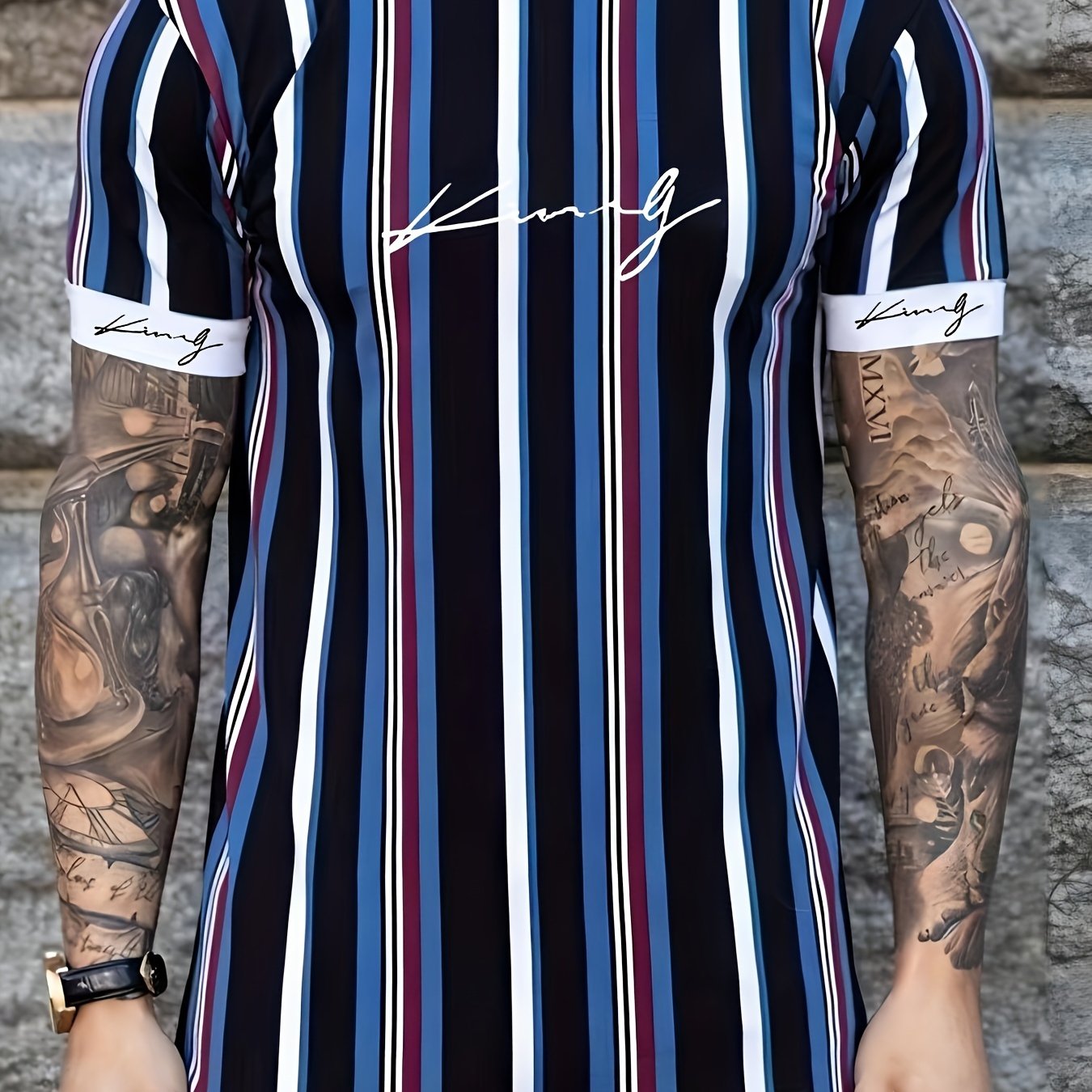 TEMU Men's Casual Short-sleeved, Striped Print, Summer -neck T-shirt