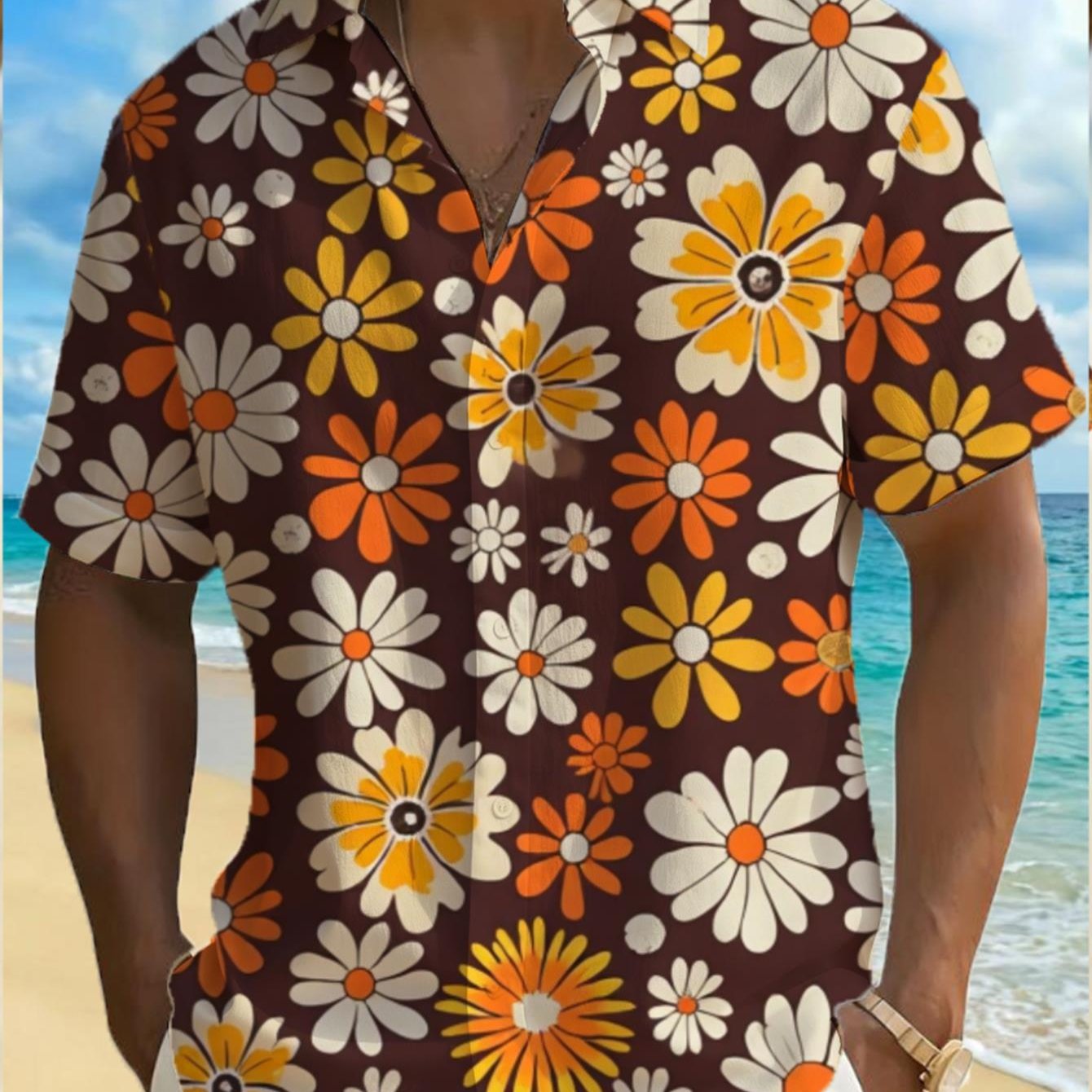 TEMU [print Design - Not Textured] Men's Vibrant Retro Floral Print Button-up Shirt, Short Sleeve, Casual Summer Outfit, Brown Background With Orange