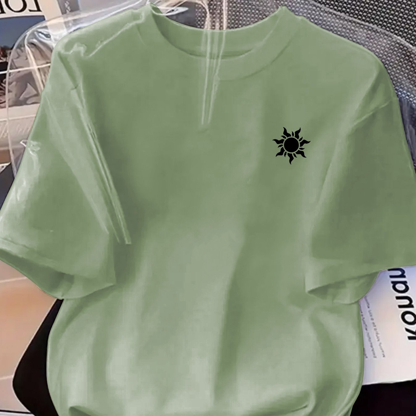 TEMU Women's Mint Green Oversized T-shirt - Soft Mint Short Sleeve Round Neck Casual Top With Light Green & Print, Breathable Spring Summer Fall