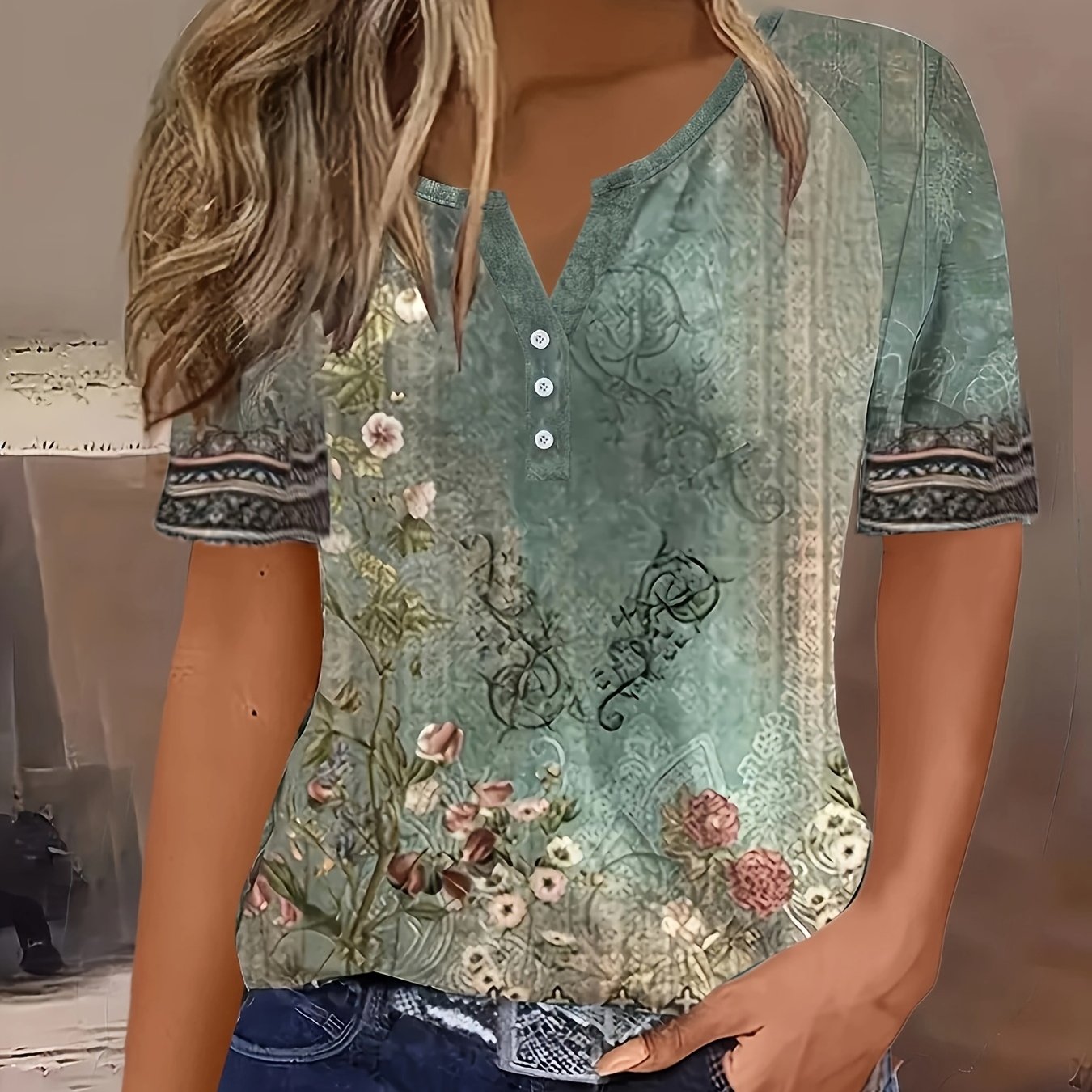 Vintage Bohemian Short Sleeve Shirt Spring Summer V-neck Casual T-shirt Top Women's Clothing