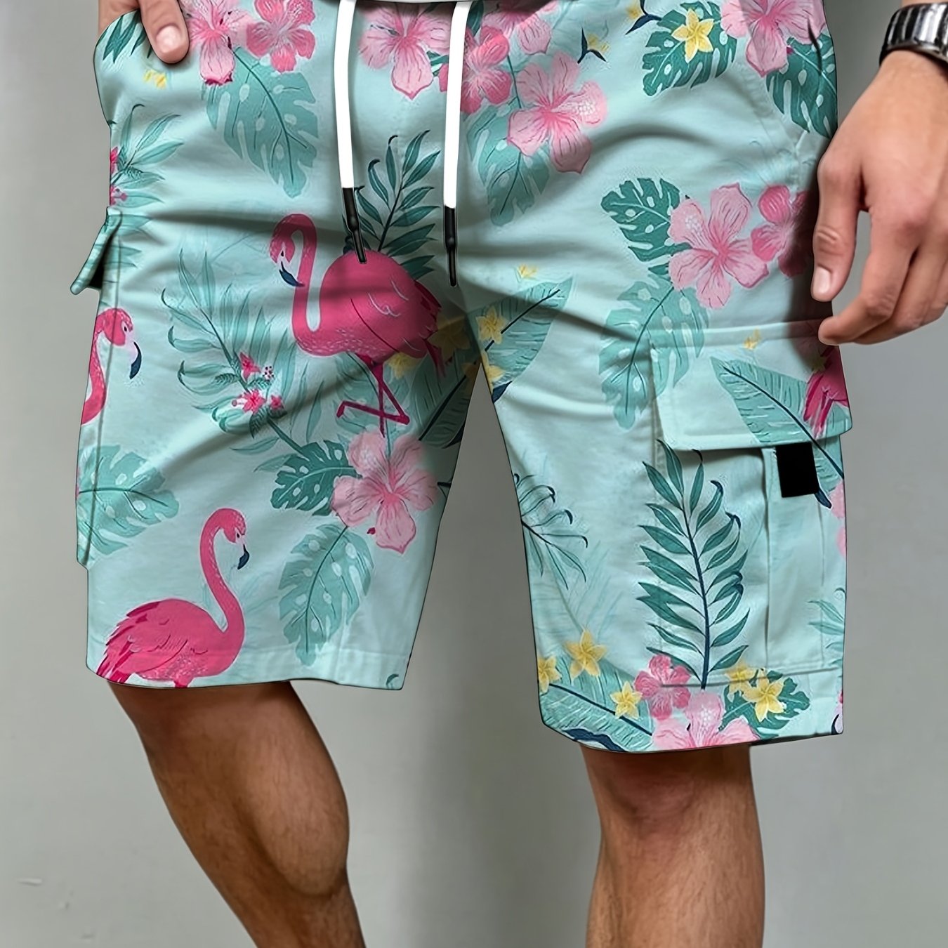 Men's Cargo Shorts, Tropical Flamingo Print Cargo Shorts, Multiple Pockets With Drawstring, Suitable For Outdoor Sports And Casual Beachwea