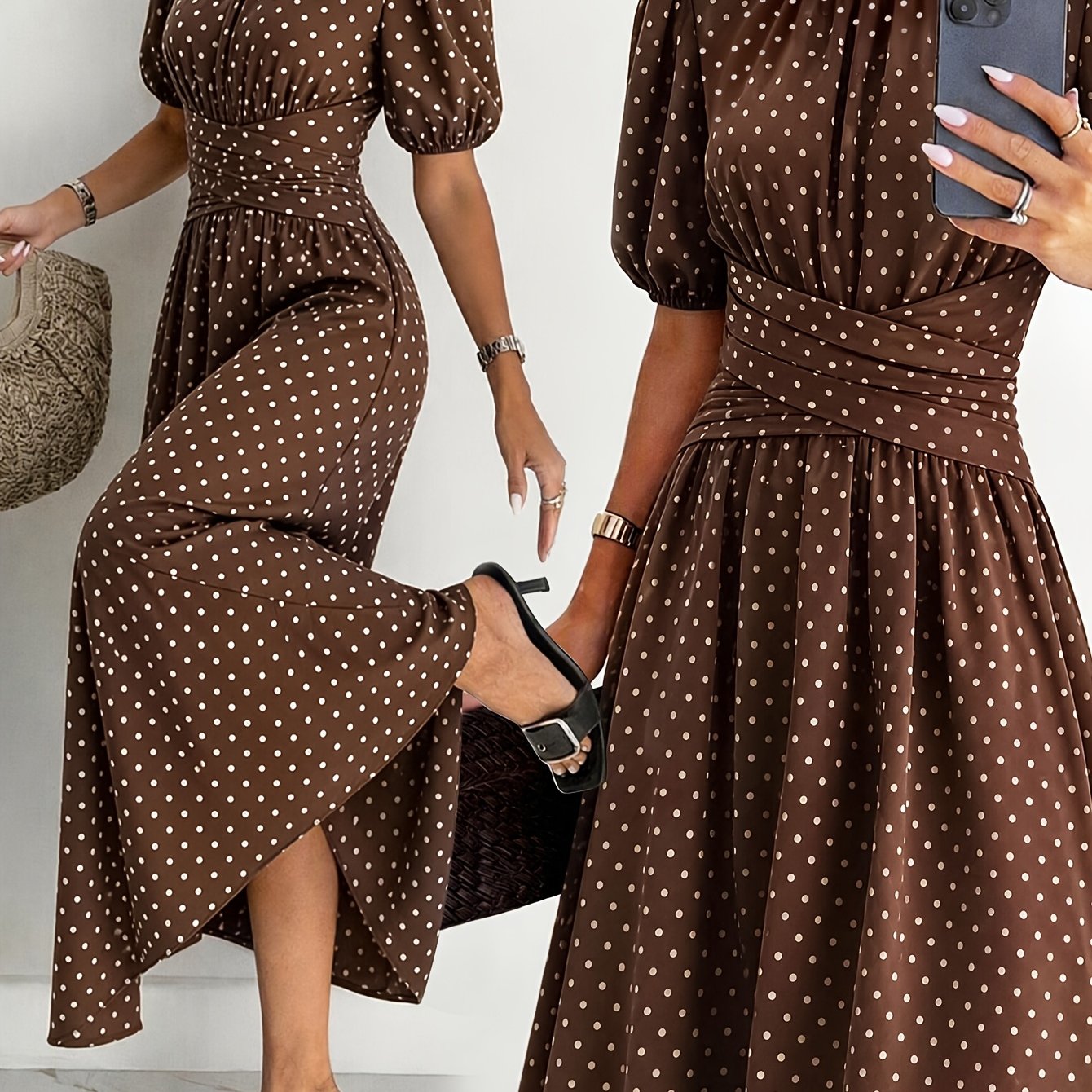 TEMU Robe longue à manches courtes pour femme avec ceinture croisée - Col rond - Robe droite adaptée aux mariages, et aux événements semi-formels,
