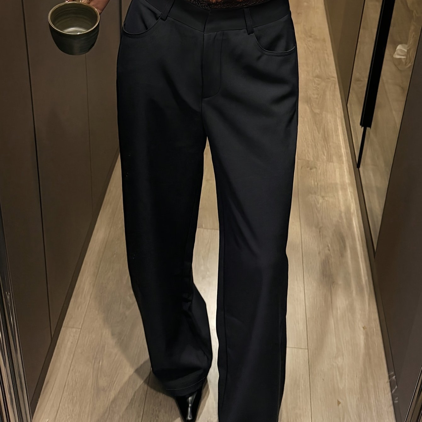 E-shop Neue elegante und modische High-Waist Straight Tube Version Spitzen-Dekor Taillenbund Damen Schwarze Weite Beinhose