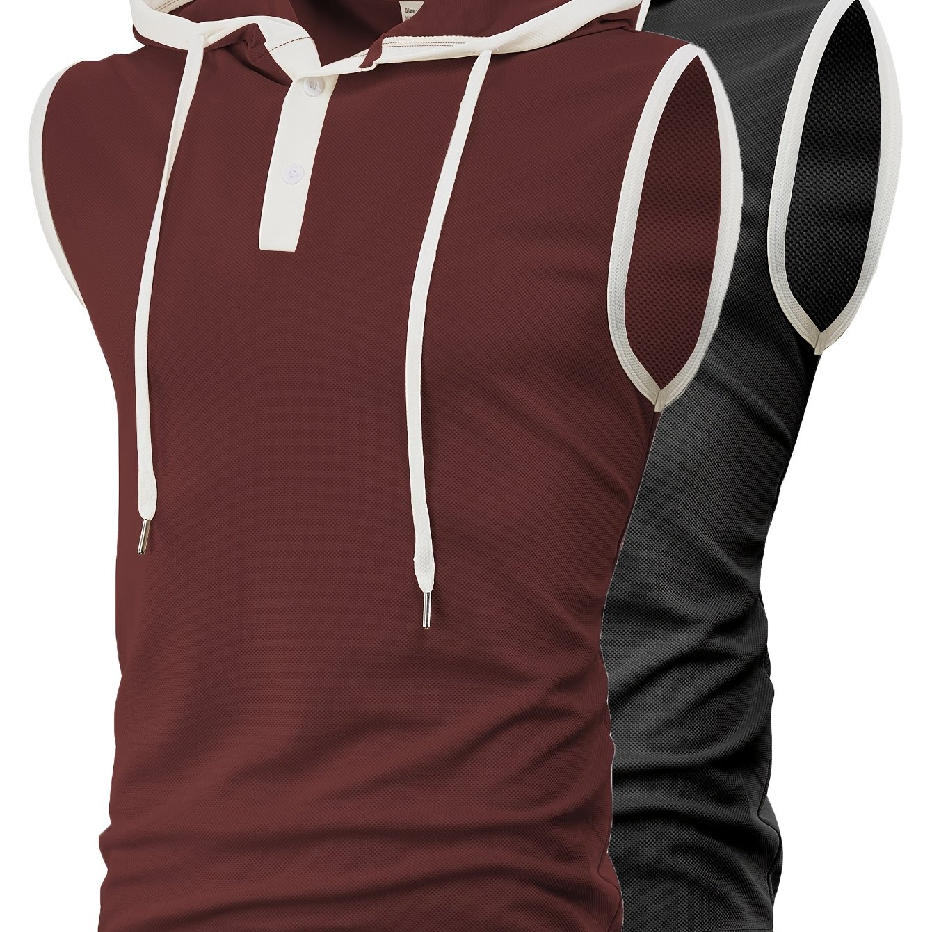 TEMU Men' Luxury Breathable Hooded Sleeveless Pajama T-shirt 2pcs Set, Contrast Trim   Henley Button Design, Clean And Fit, Multiple Color