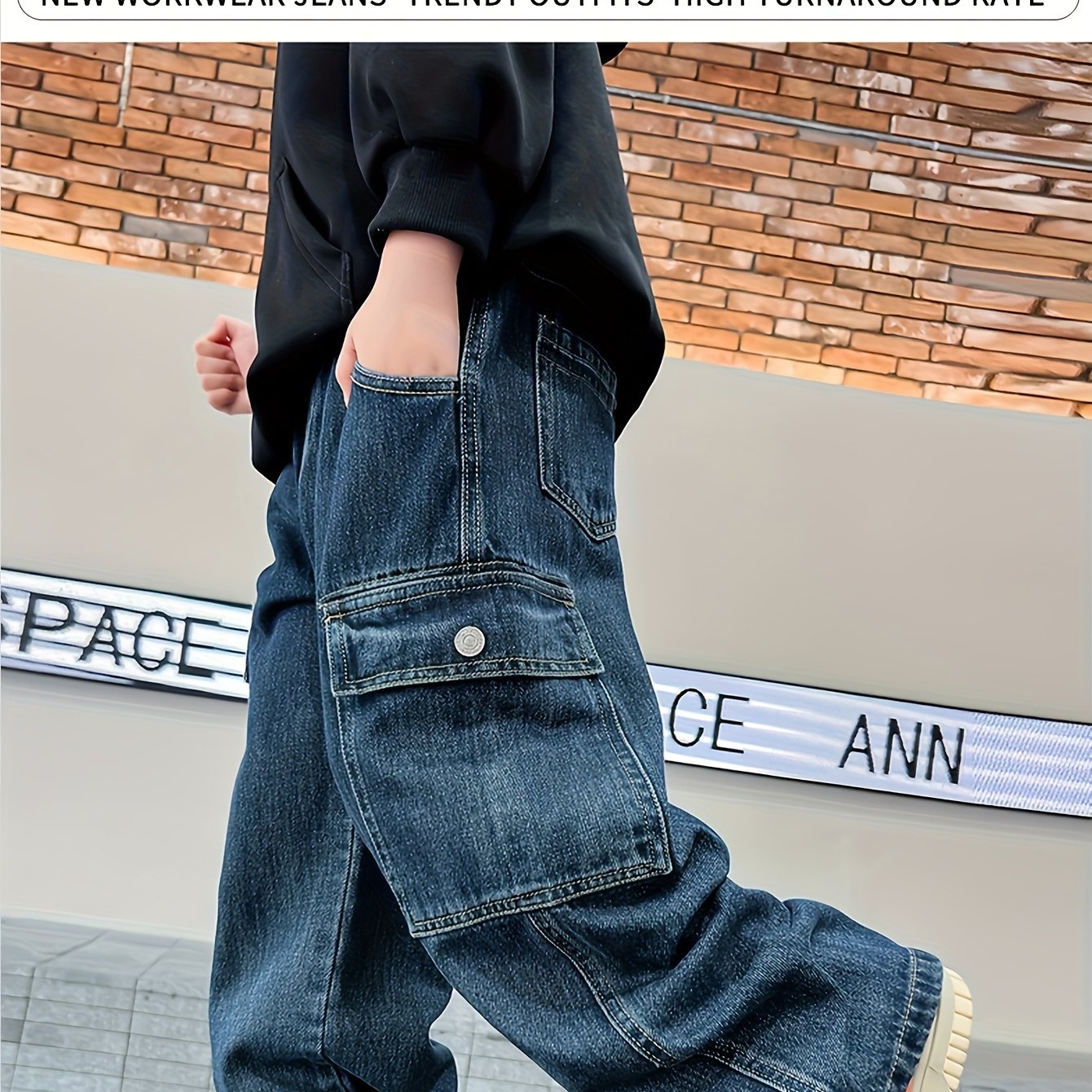 Image of [2025 New Style] Boys' Harem Pants, Loose Fit & Street Dance Straight-leg Cargo Pants, Casual Denim Long Pants For Middle & Older Kids, Suitable For . Fashionable And Street--leg Cargo Casual Jeans