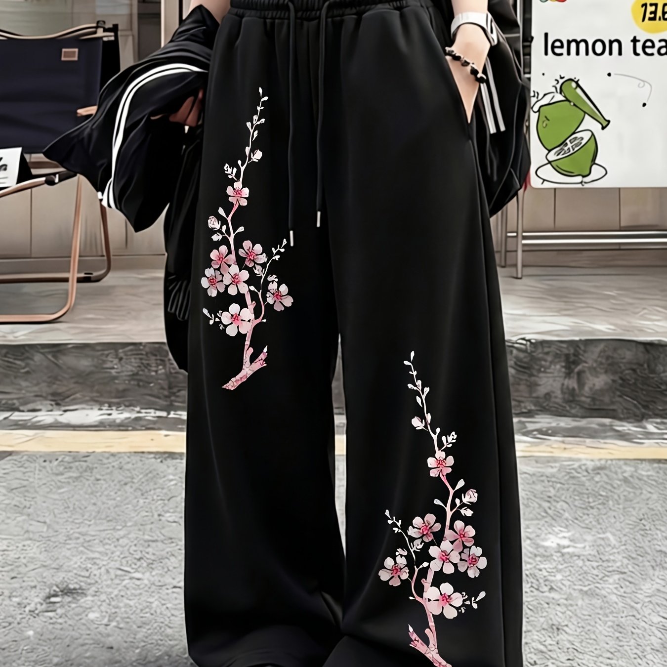 TEMU Pantalon de survêtement et confortable, pantalon à imprimé fleur de prunier rose, pantalon à taille haute et jambes larges, pantalon décontracté