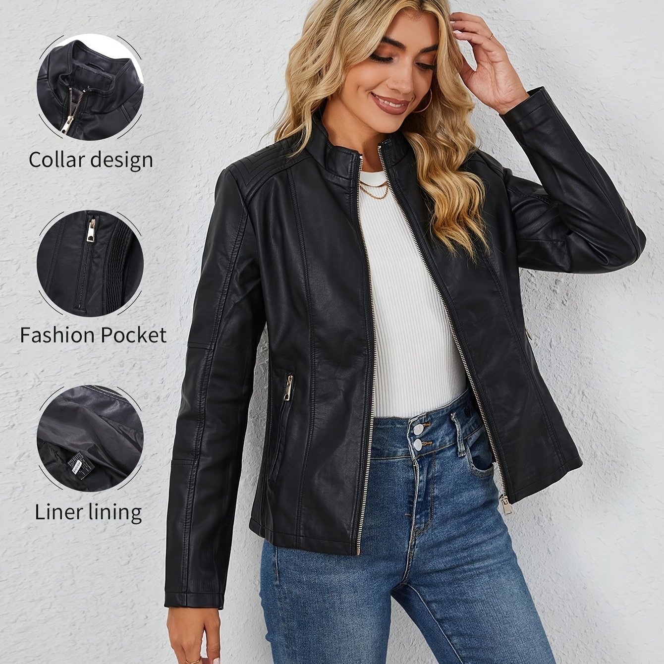 TEMU Chaqueta de cuero elegante para mujeres, tejido de color sólido, temporada de /otoño, peso de forro de 65g/m², ropa exterior versátil para motocicleta