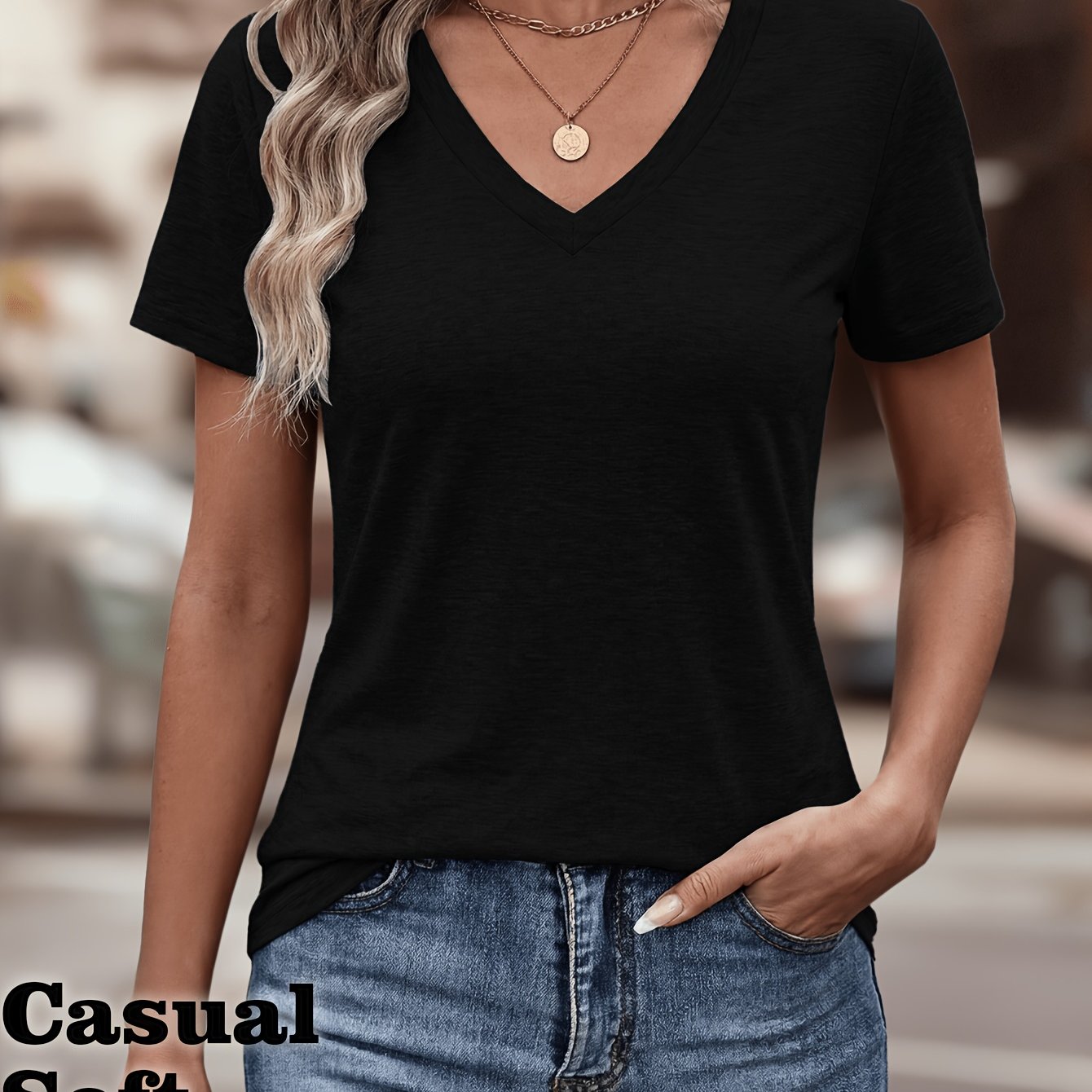 TEMU Women's Fashionable Casual Comfortable Simple Breathable Colored V-neck T-shirt