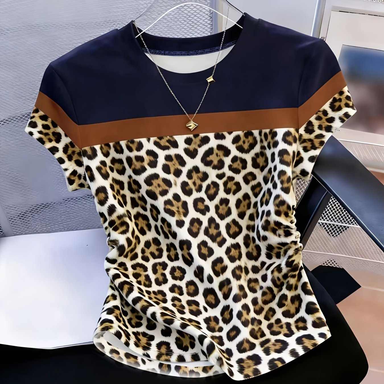 TEMU 2026 Casual Pleated Short-sleeved Round Neck Color-blocking Leopard Print T-shirt Spring And Summer Slim Short-sleeved Fashion T-shirt