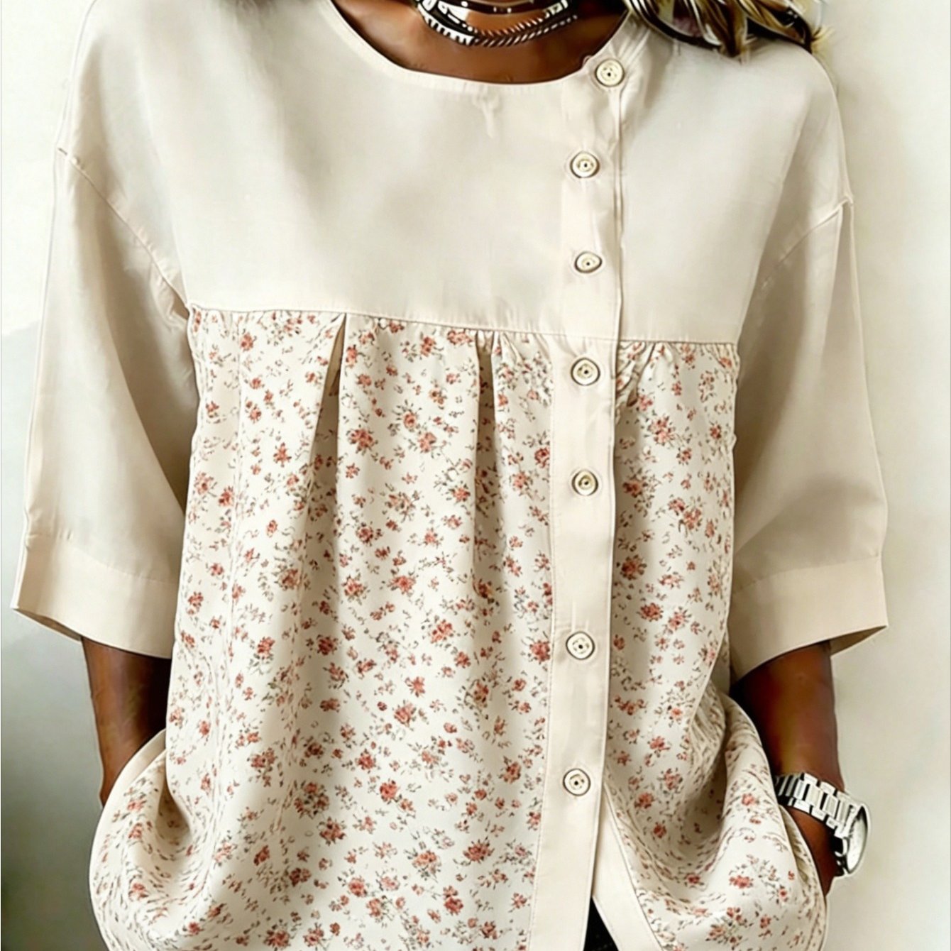 Plus Size - Large Size Women's Crew Neck Button Floral Loose Top, Suitable For Daily Wear And Going Out, Easy And Elegant Style, With Elegant Charm, Suitable For , From Casual To Semi-formal Settings