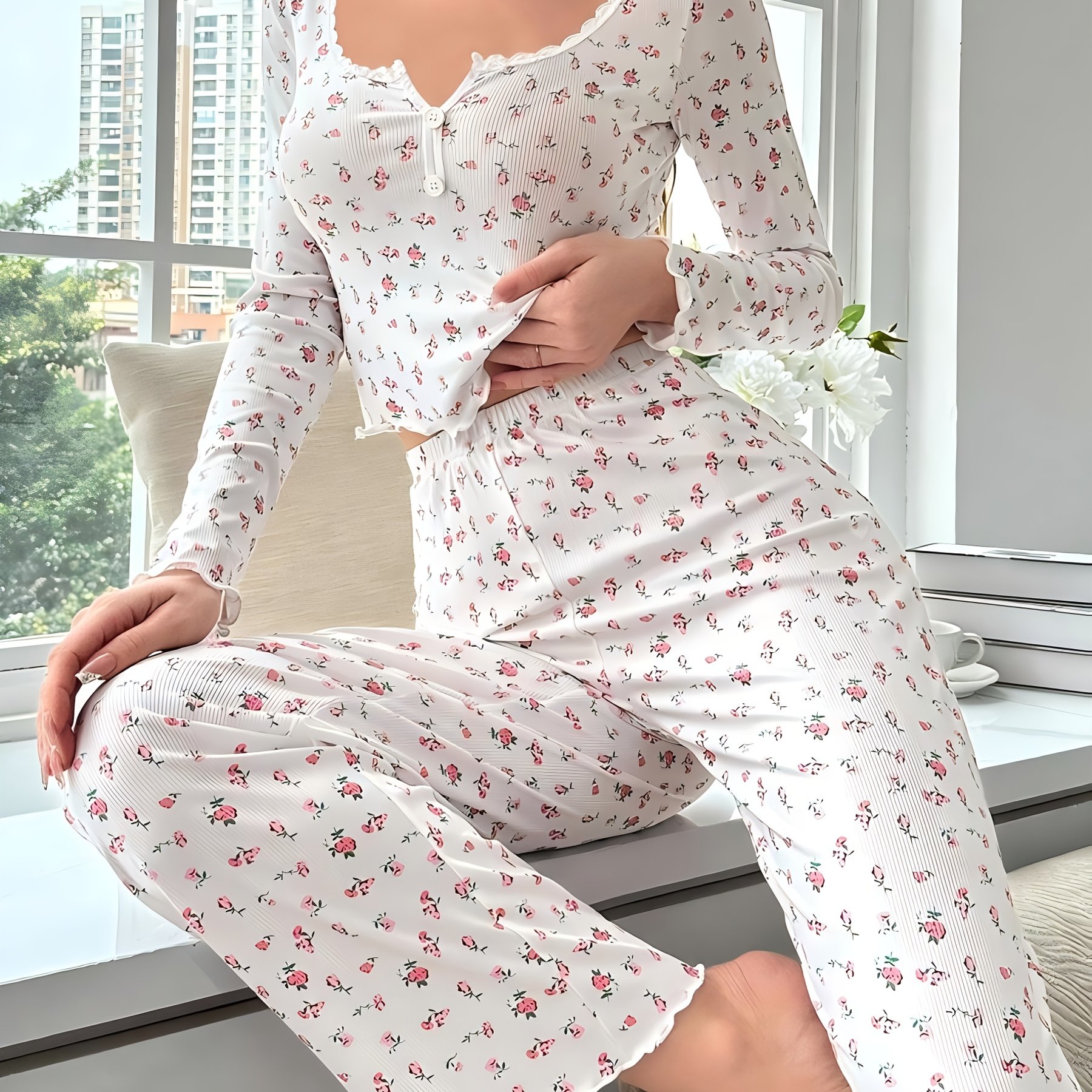 Image of Small Floral For Women's Sleepwear, Suitable For Autumn And Spring, Long Sleeves And Long Pants, With Lace Trim