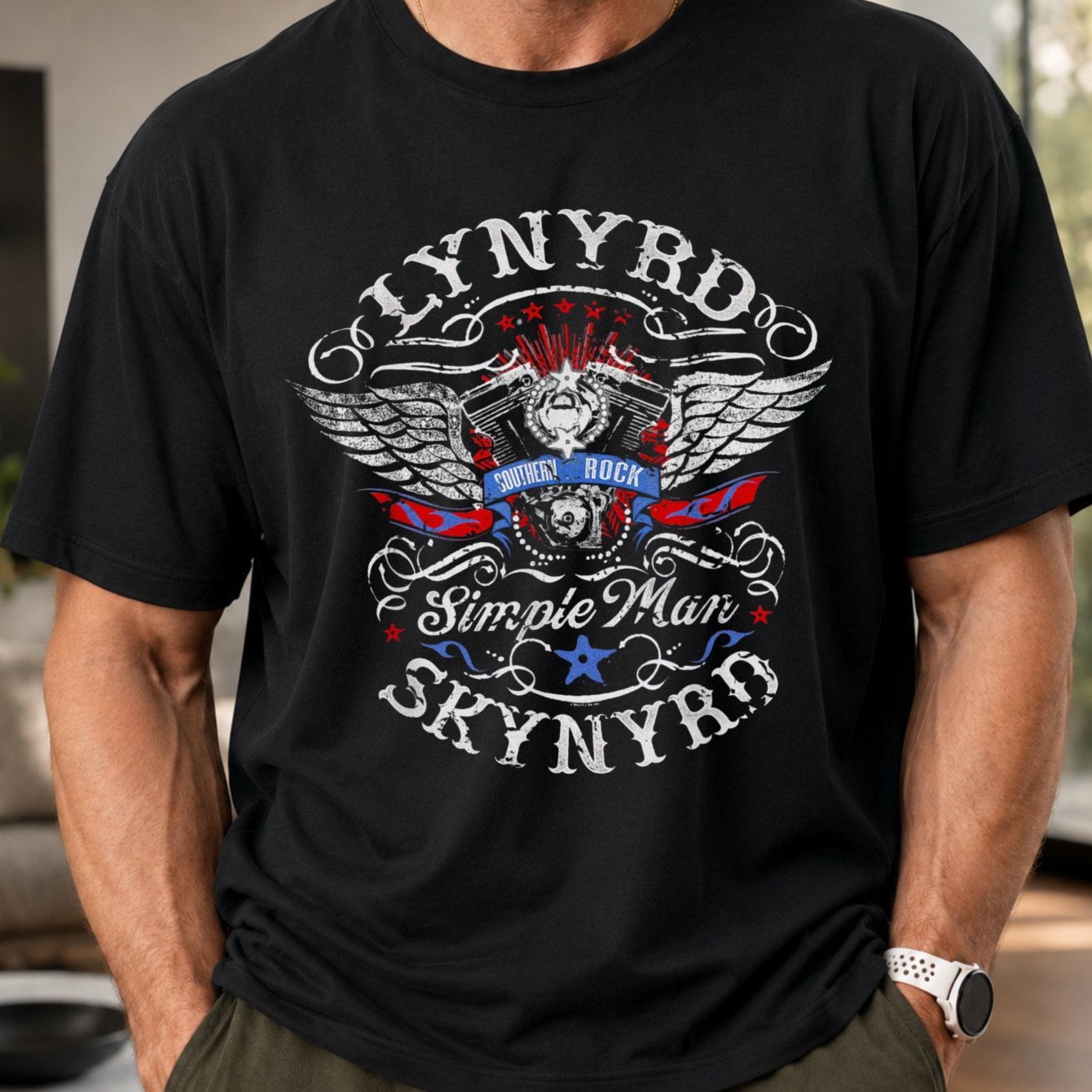 TEMU Men's T-shirtmen's T-shirt Simple For Man Winged Engine Graphic With Skull Ribbons And Distressed Concert Style T-shirtplus Size, Plus Size
