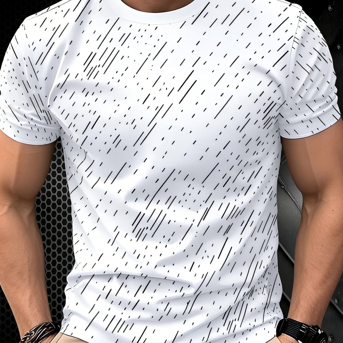 TEMU [printed Design - Not Texture] Plus Size Black Diagonal Stripe T-shirt, Minimalist Style Men's Casual Short Sleeve, Versatile Men's Short Sleeve