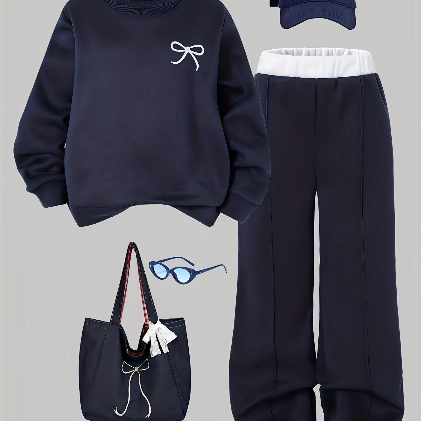 Girls' Teen Casual Set, 2pcs Long-sleeve Bow Print -lined Sweatshirt With Blue Wide-leg Pants Perfect For Fall And Winter Ideal As A Gift, Perfect For Outdoor