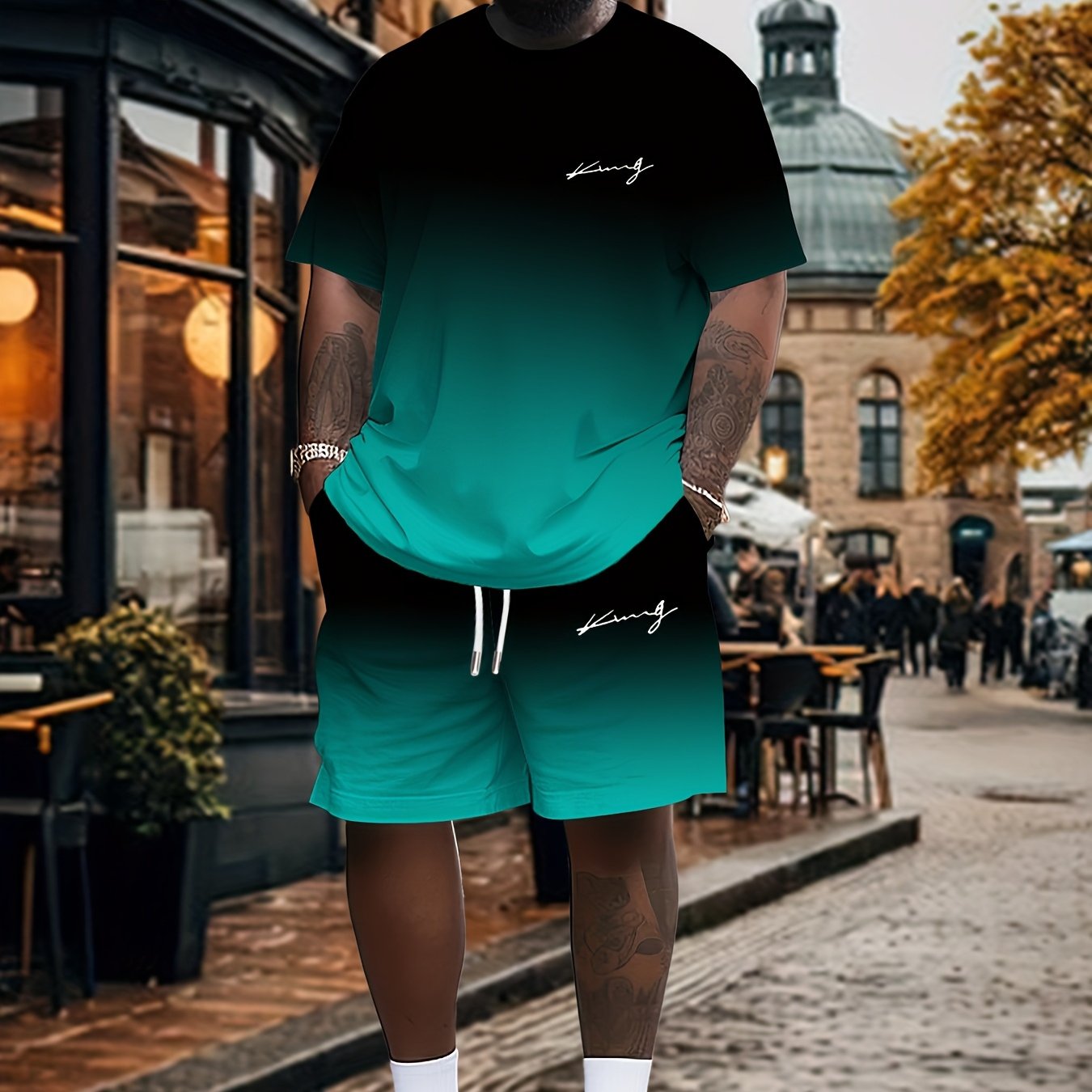 Image of Men's Plus Size "king" Print Fashion T-shirt And Shorts Set, Suitable For Family Casual And Party Wear, Large Size Plus Size