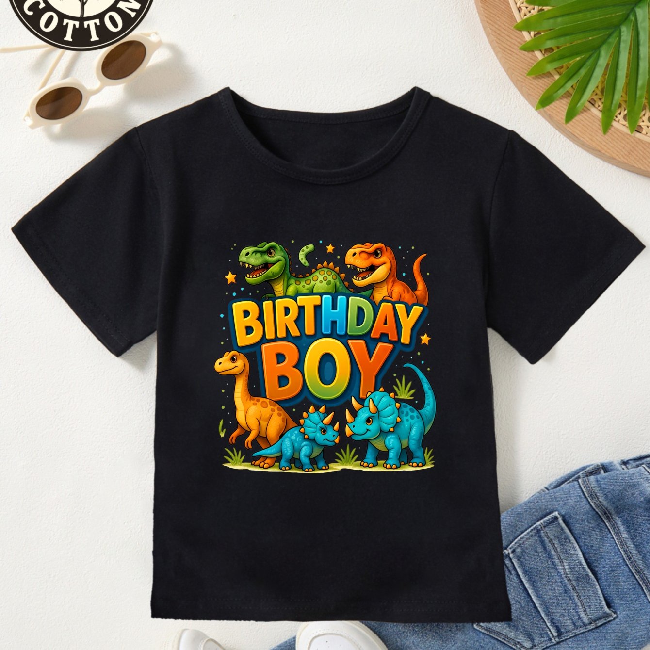 Image of Birthday Party Summer Cotton T Shirt For Kids Dinosaur Print And Text Birthday Boy Gift For Boys And Girls Casual Wear Childrens T Shirt