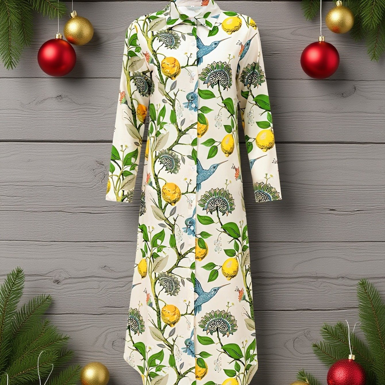 Plus Size, Plus Size Women's Spring And Autumn Lemon Bird Flower Leaf Pattern Print Long Sleeve Single Break Shirt Dress