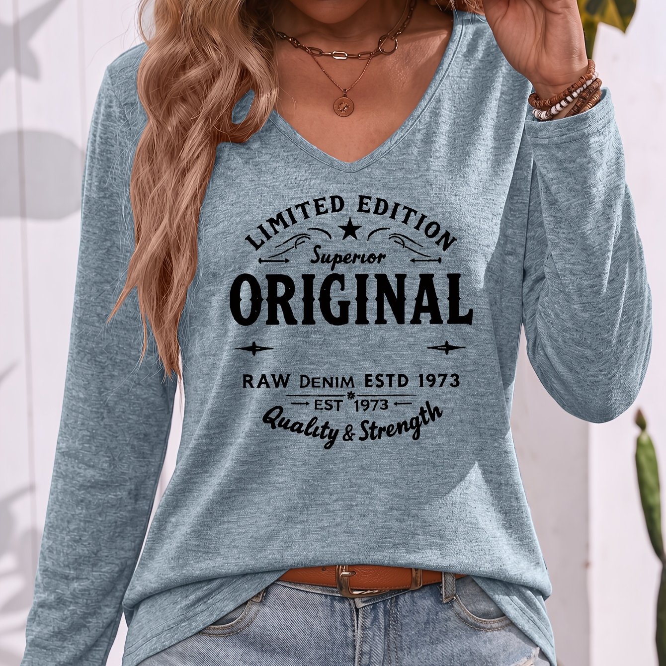 TEMU Retro Industrial Style Original Text Pattern V-neck Long Sleeve T-shirt, Soft And Breathable, Skin-friendly Comfortable, Casual, Daily Travel