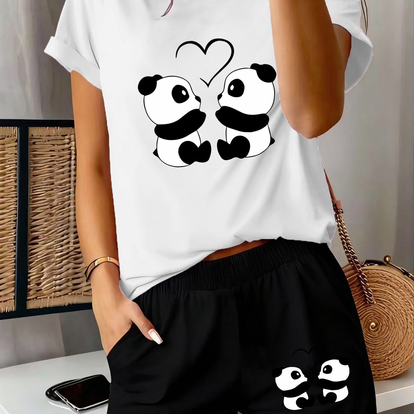 TEMU Mother's Day 2pcs Ladies Spring Short Sleeve Set - Cute Panda Print Fun Pattern Short Sleeve Shorts Set Comfortable Soft Breathable Sports Daily