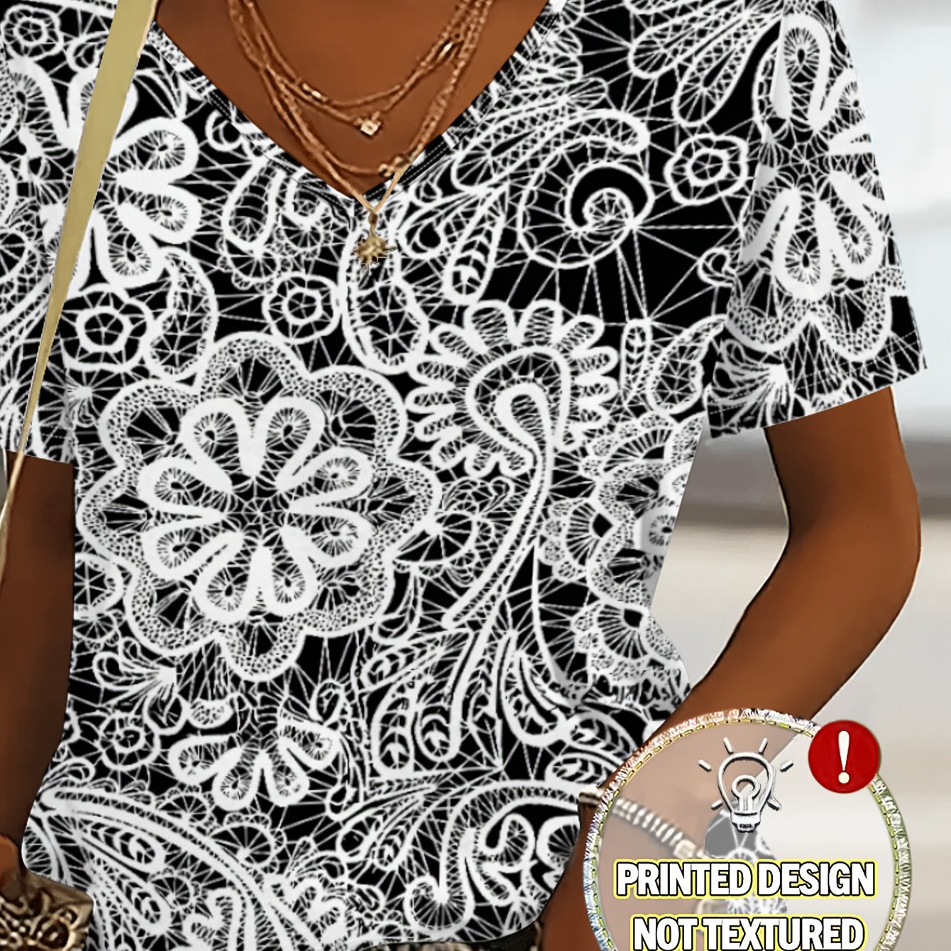 TEMU Plus Size - [printed Design â Not Textured] Plus Size Women's Black And White Lace Style Floral Print Top, Vintage Bohemian V-neck Loose Short