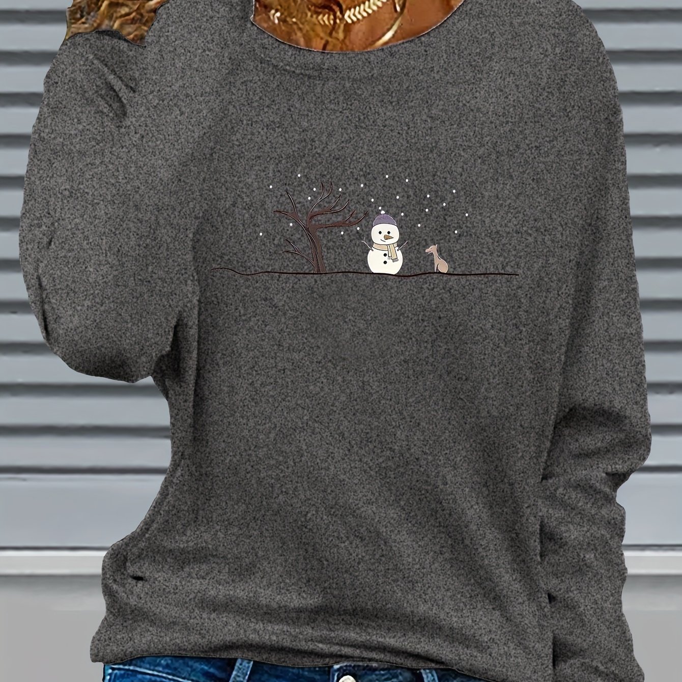 TEMU Women's Christmas Snowman & Owl Graphic Print Long Sleeve T-shirt - Cozy Crew Neck Casual Top For Fall Winter, Machine Washable Holiday Party &