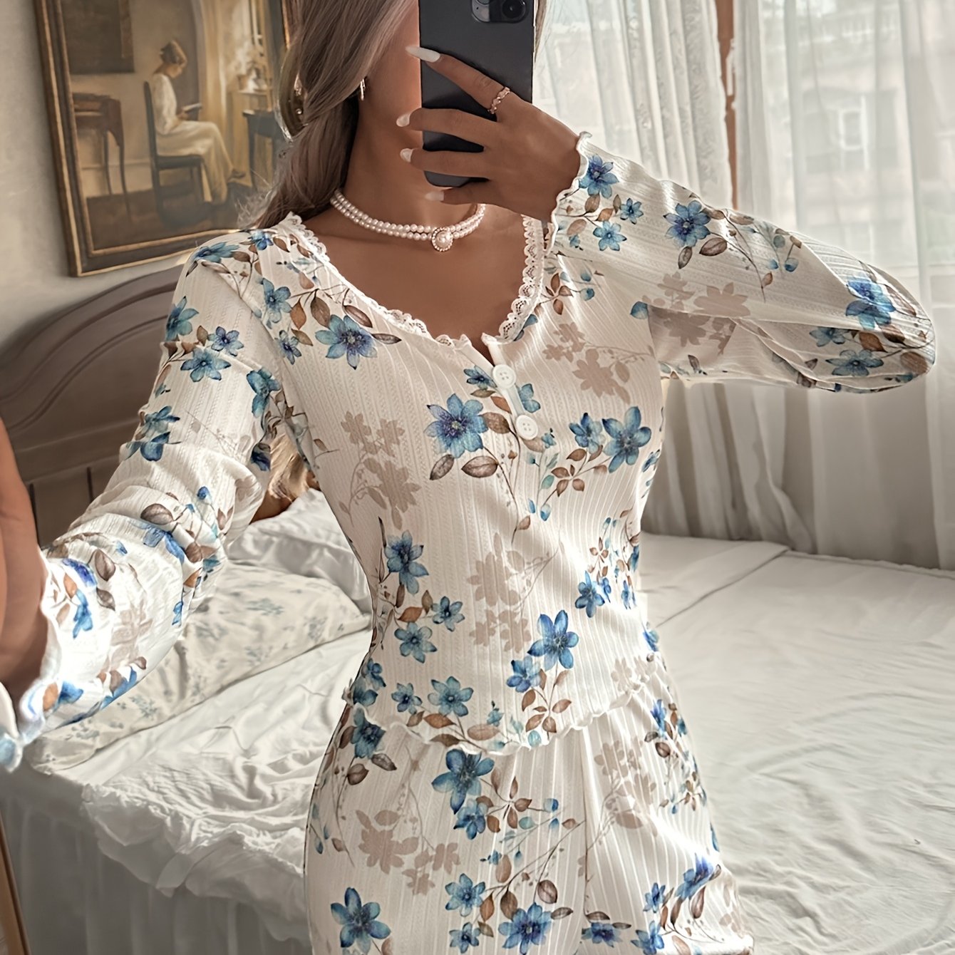 TEMU 985 Blue Floral Jacquard Series Casual Pajama Set