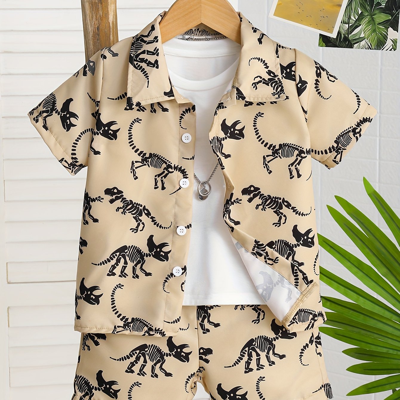 Image of 2pcs Boys' Shorts Set With Dinosaur Pattern Summer Khaki Shirt & Elastic Waist Shorts Casual Wear, Perfect For Outdoor