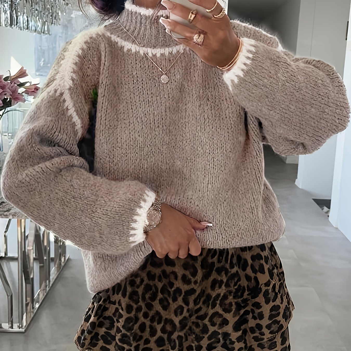 Image of Women's Elegant And Stylish Contrast-color High-neck Long-sleeve Sweater / Soft And Warm Fabric For Autumn/winter / Contrast-color / For Casual, Office, And /