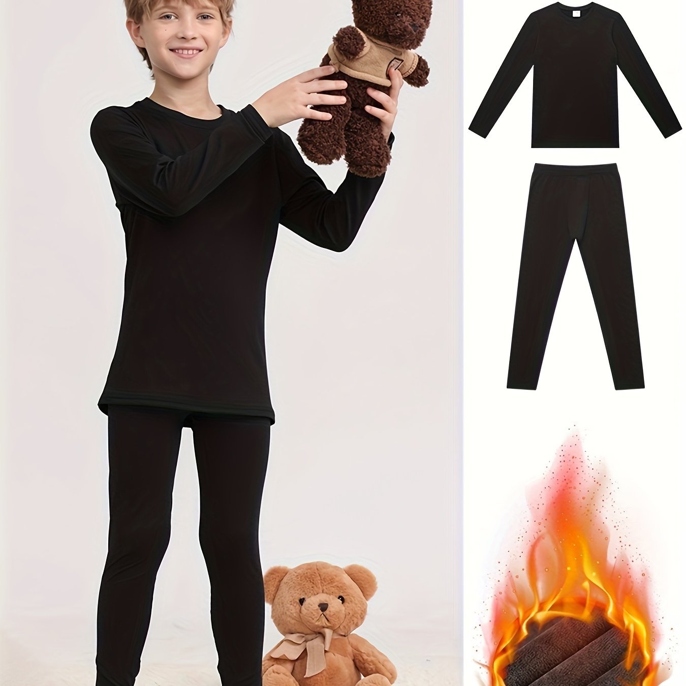 Image of Warm Set, Boys' Casual Warm Outfit, Solid Round Neck Long Sleeve And Pants, Comfortable Skin-friendly Set, Soft And Comfortable Boys' Clothing, Suitable For Spring Autumn Winter