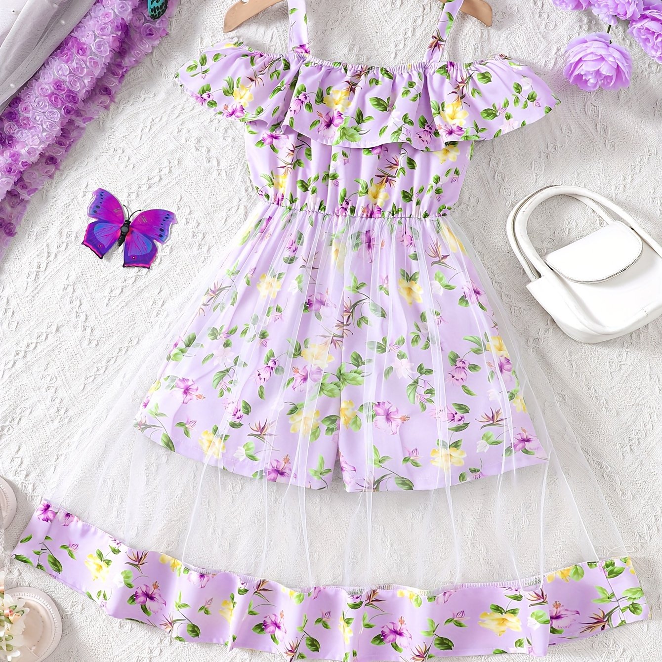 Image of Girls' Summer New Arrival Pastoral Ruffle Hem Mesh Maxi Strapless Jumpsuit, Perfect For Outdoor