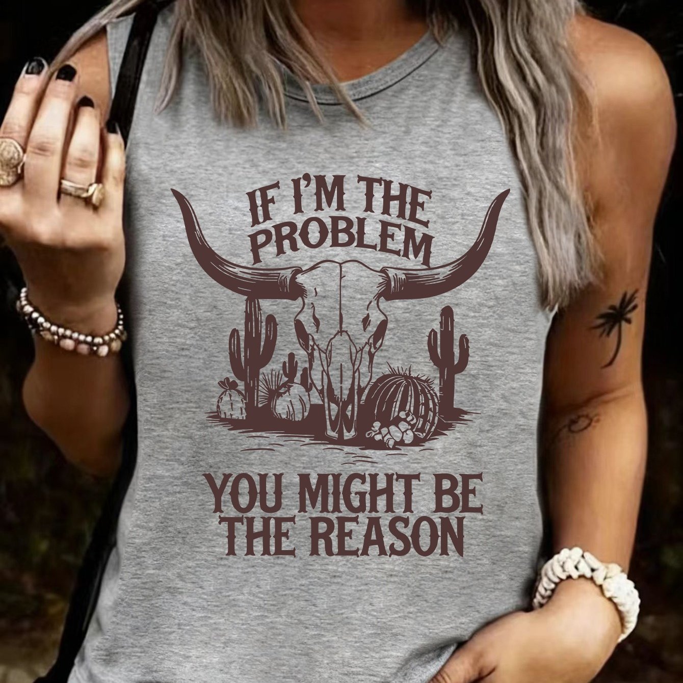 TEMU Débardeur 1 pièce avec « Si le problème, tu es », T-shirt manches à motif de tête de western et de cactus, Cactus du désert et veste country, Un