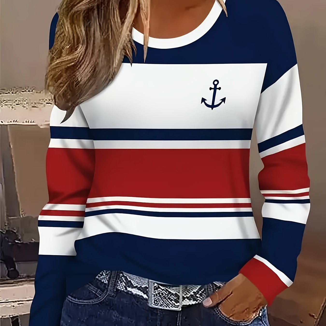 Image of Women's Autumn/ Winter New Arrival Casual Striped Pattern Fabric Round Neck Long Sleeved T-shirt Top