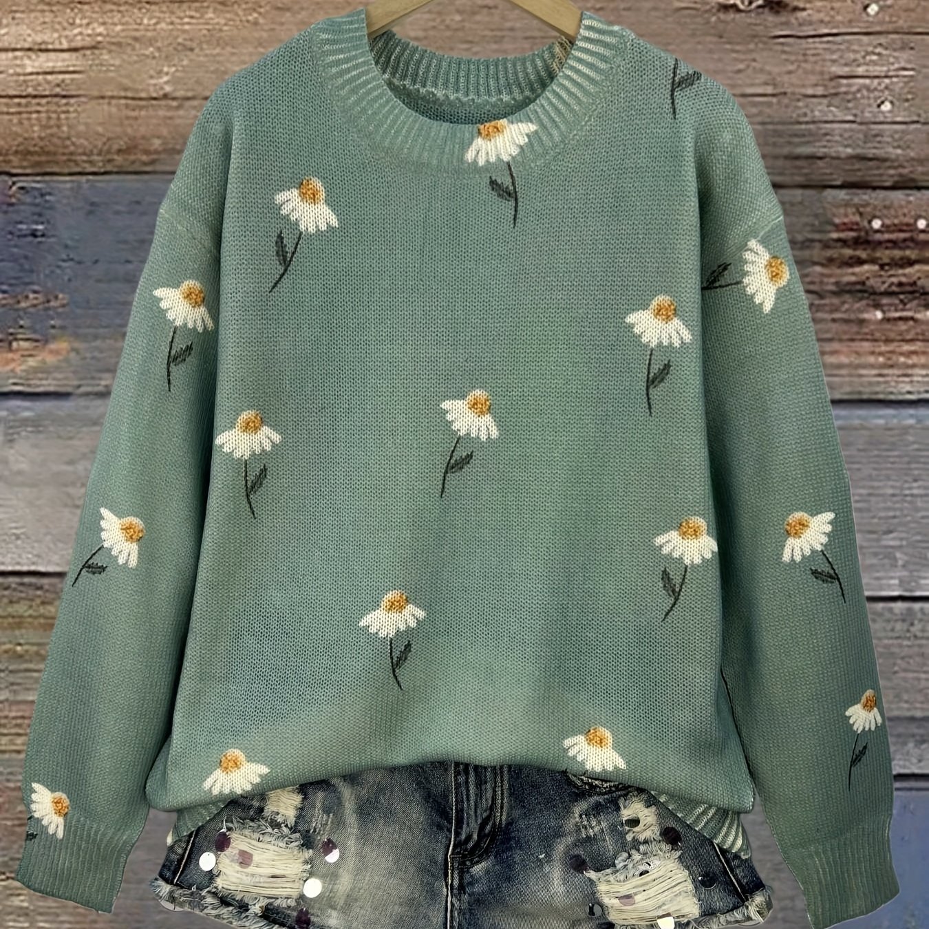 TEMU 2d Flat Pattern Autumn/ New Stylish Versatile Pullover Round Neck Long Sleeve Women's Top With Floral Pattern Flat Trendy Women's Sweater