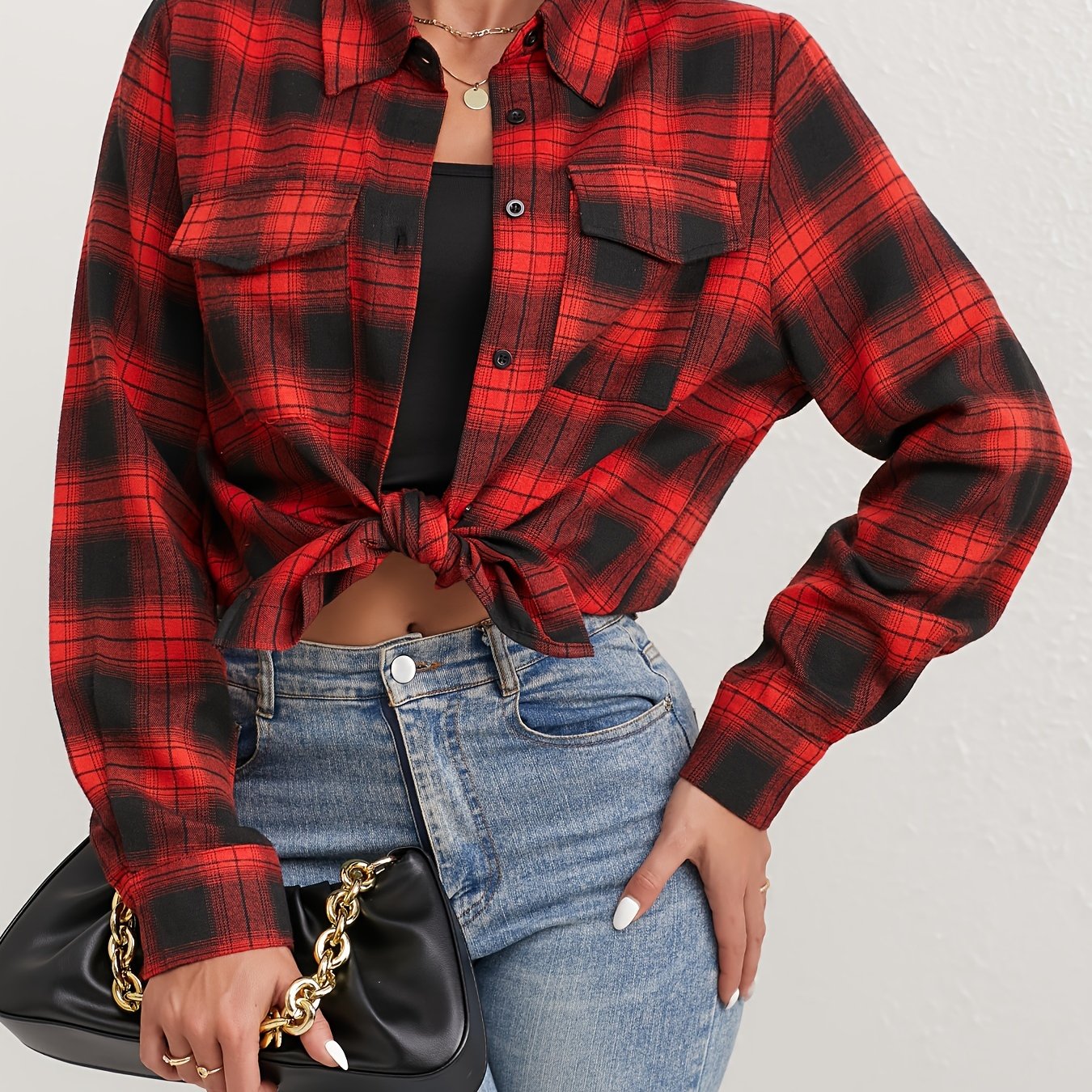 Image of Printed Flap Pocket Shirt, Casual Long-sleeve Shirt For Women, Perfect For Autumn