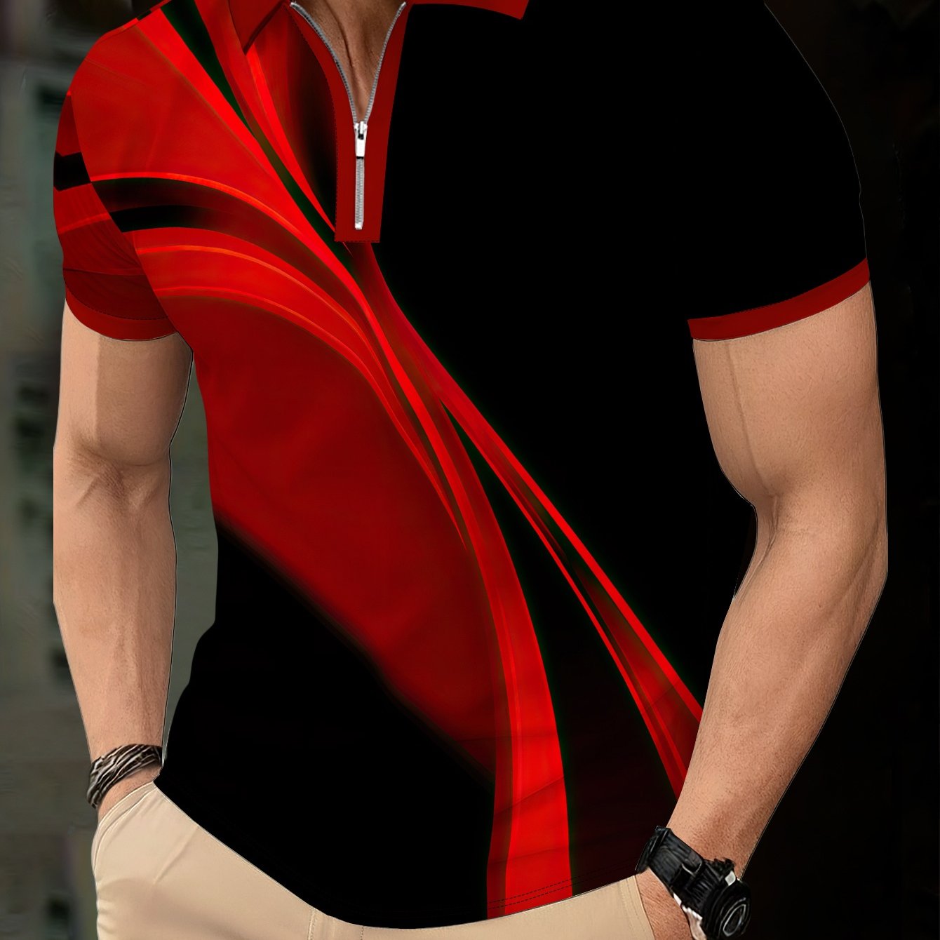 TEMU Men's Short-sleeve Shirt With A Half-zip Collar, Featuring A Red And Black Color , Complemented By Dynamic Gradient Line Prints For A Strong