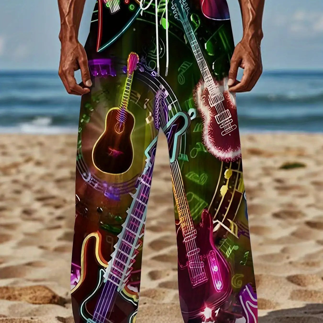 TEMU [printed Design-nottextured]men's Casual Loose-fit Straight-leg Pants With Vibrant Music-themed Print - Retro Style, Machine Washable, Autumn