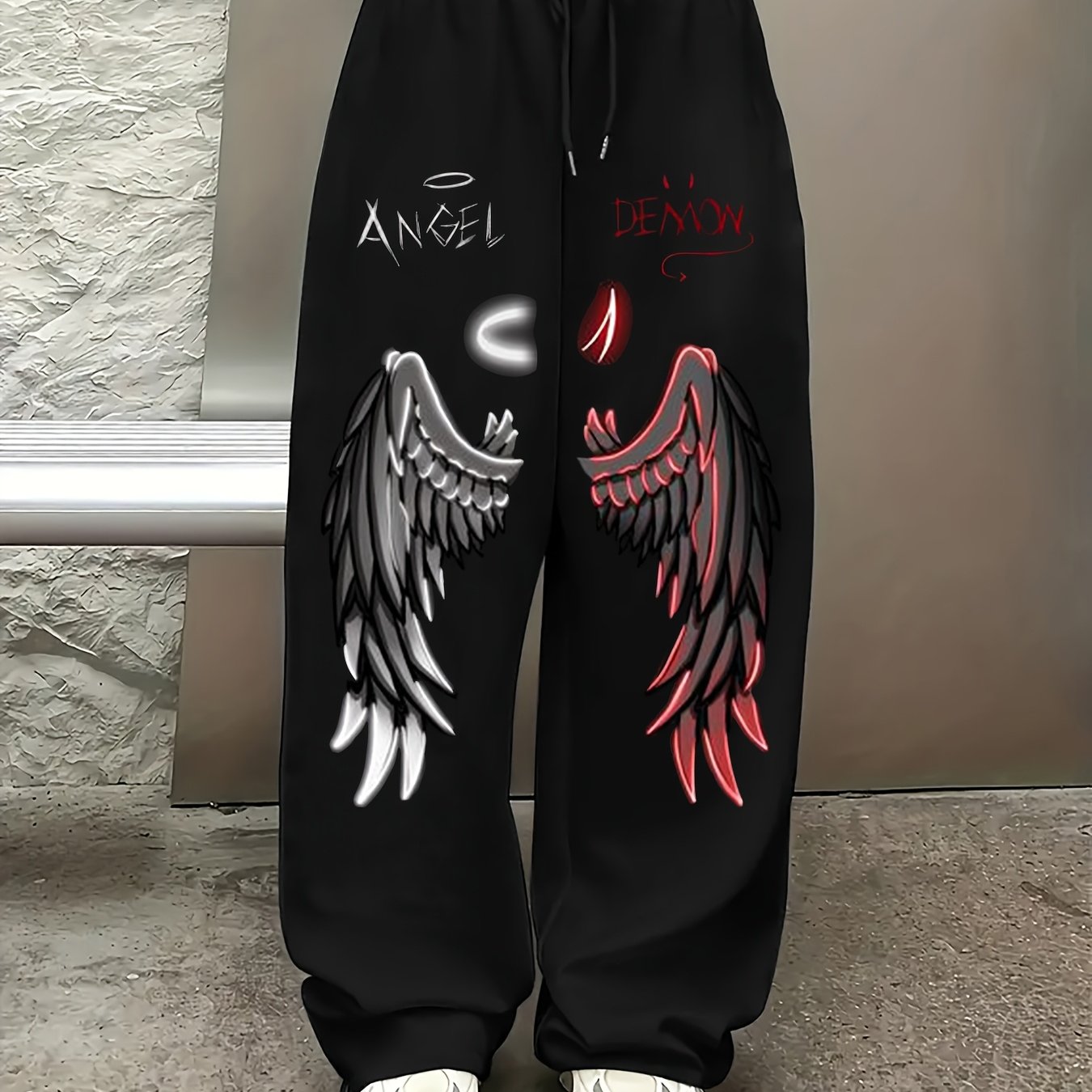 Women's Wide-leg Demon Print Jogger Pants - Loose-fit With Elastic Drawstring Waist, Casual Trousers Suitable For, Casual Attire & Layering