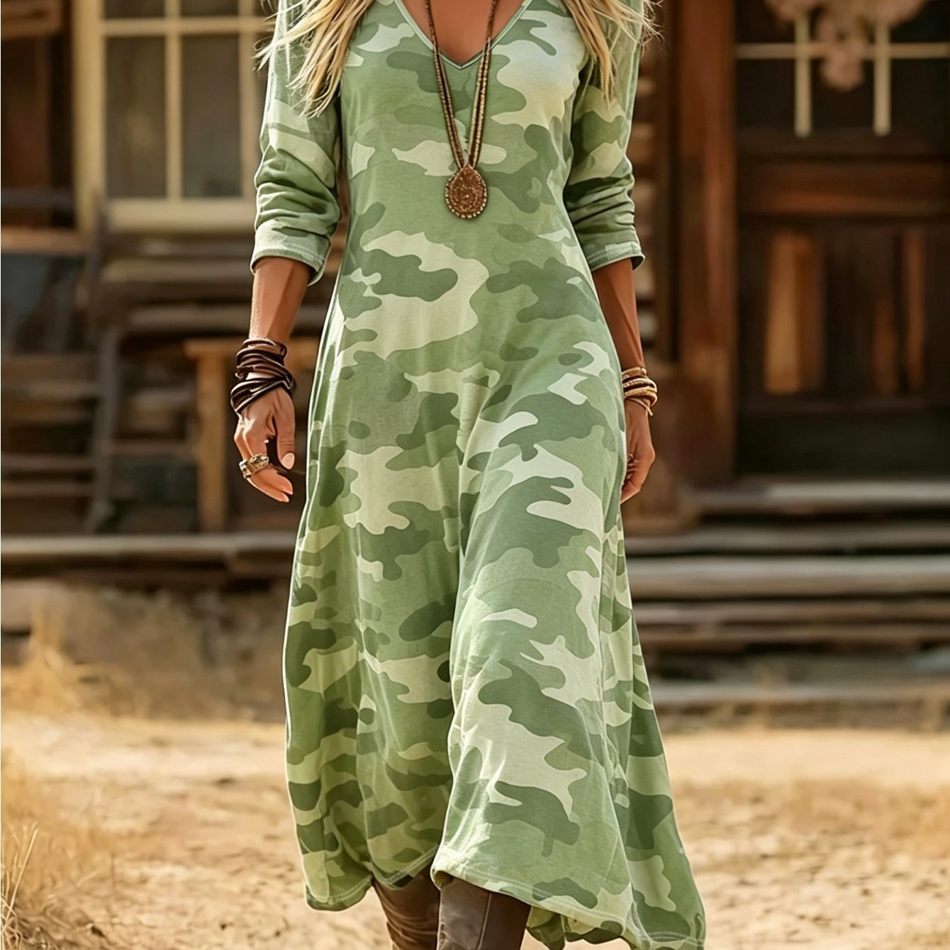 Image of And Summer Women's Elegant Fashion Camouflage Printed V-neck Long-sleeved Dress, Bohemian Casual Dress, Soft And Skin-friendly, The Perfect Wear , Summer And Autumn