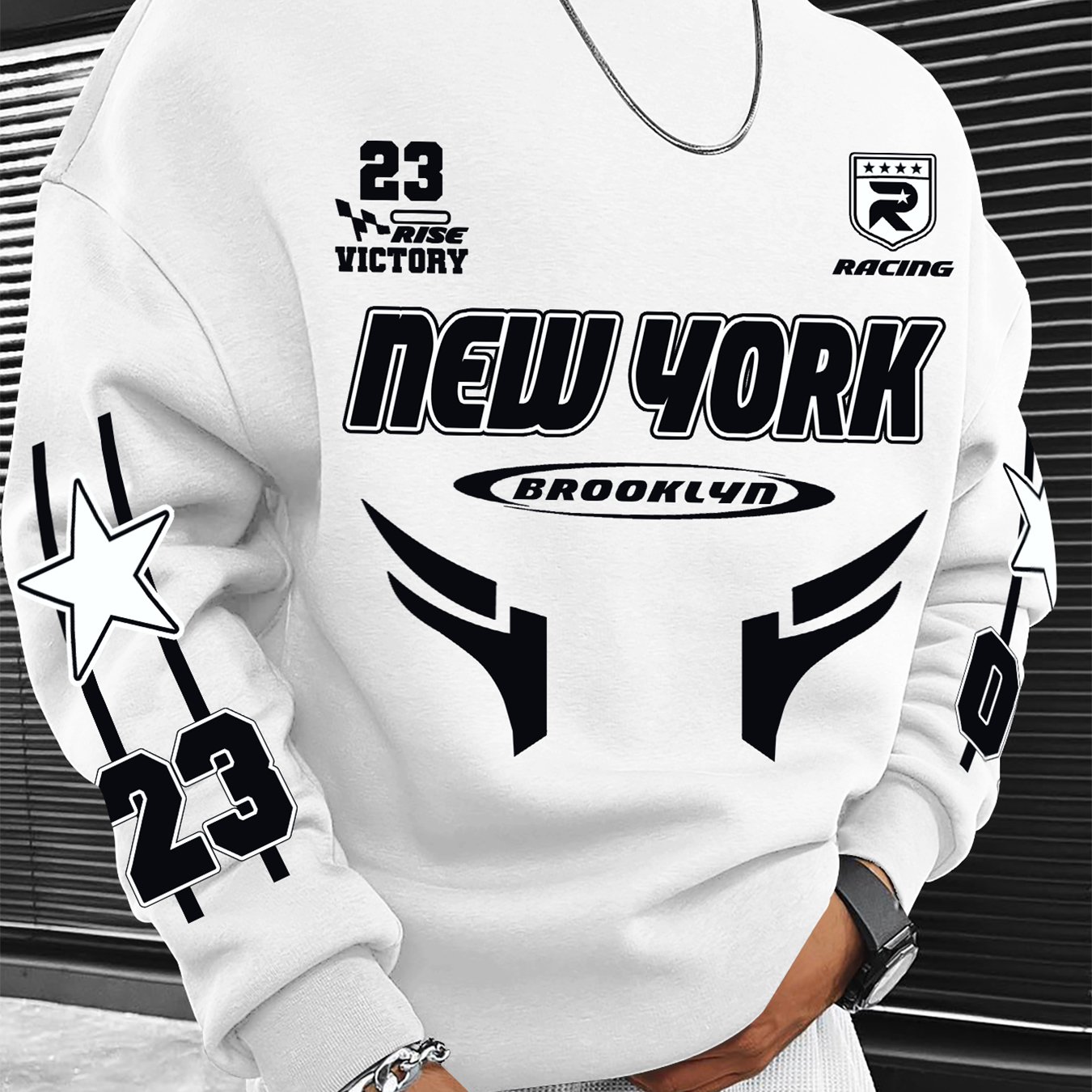TEMU European And American Men' Neck Sweatshirt, "   Brooklyn Dual Identification   Number 23   'rise Victory' Racing Slogan"