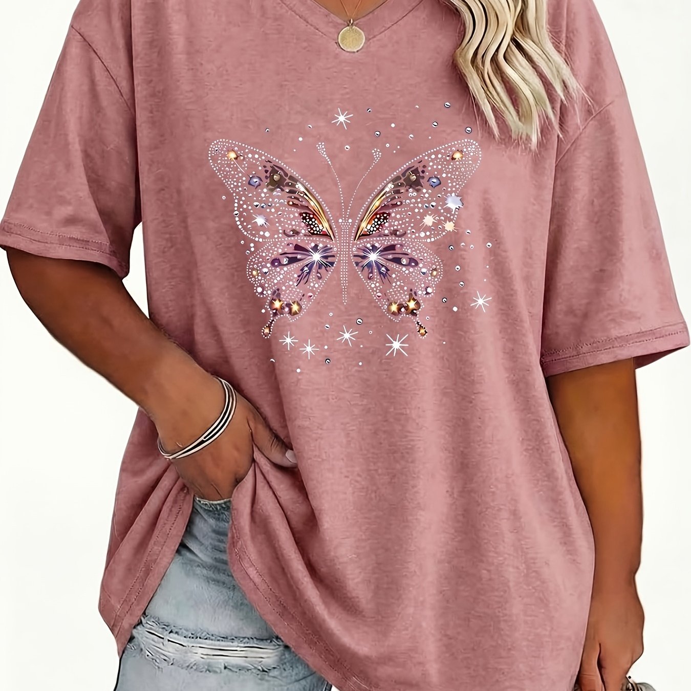 E-shop Plus Size Damen V-Ausschnitt T-Shirt in Uni & Geometrisch – Elegantes Casual-Sommeroutfit für Frühling/Sommer, Maschinenwaschbare Blusen (Nicht