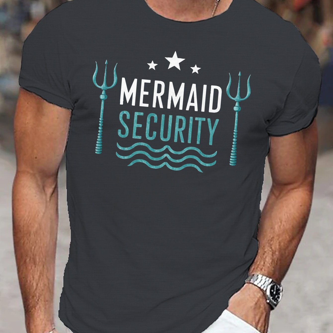 TEMU Mermaid Print, Men's Crew Neck Short Sleeve T-shirt, Men's Casual & Trendy Summer Top