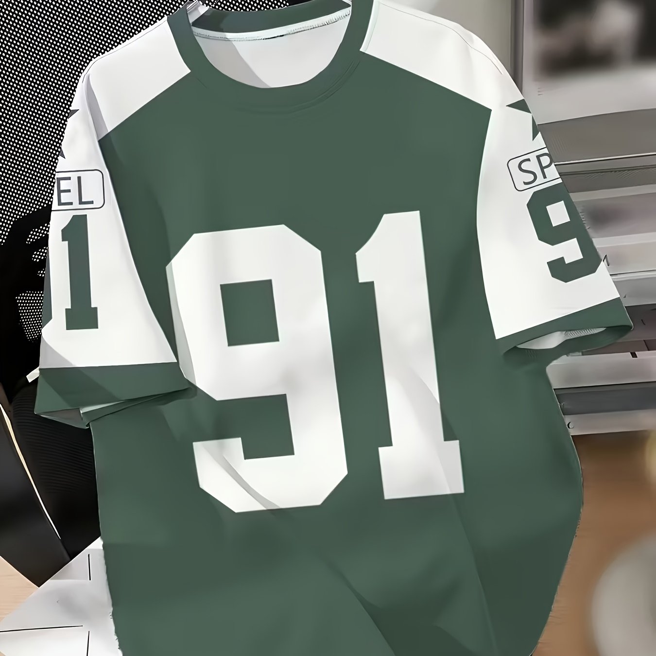 TEMU Boys' Retro '91' Number Pattern T-shirt - Dark Green And Block, Breathable Summer Casual Top, Machine Washable Vintage Jersey Style, Casual