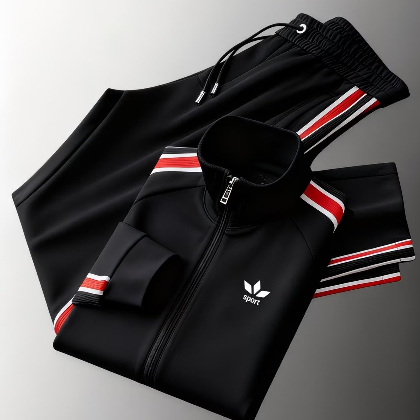TEMU Men's Sporty Tracksuit Set Black With Red Stand Collar Zip Front Logo Embroidered Style Sportswear For Adults Men, Plus Size- Fall Winter Daily