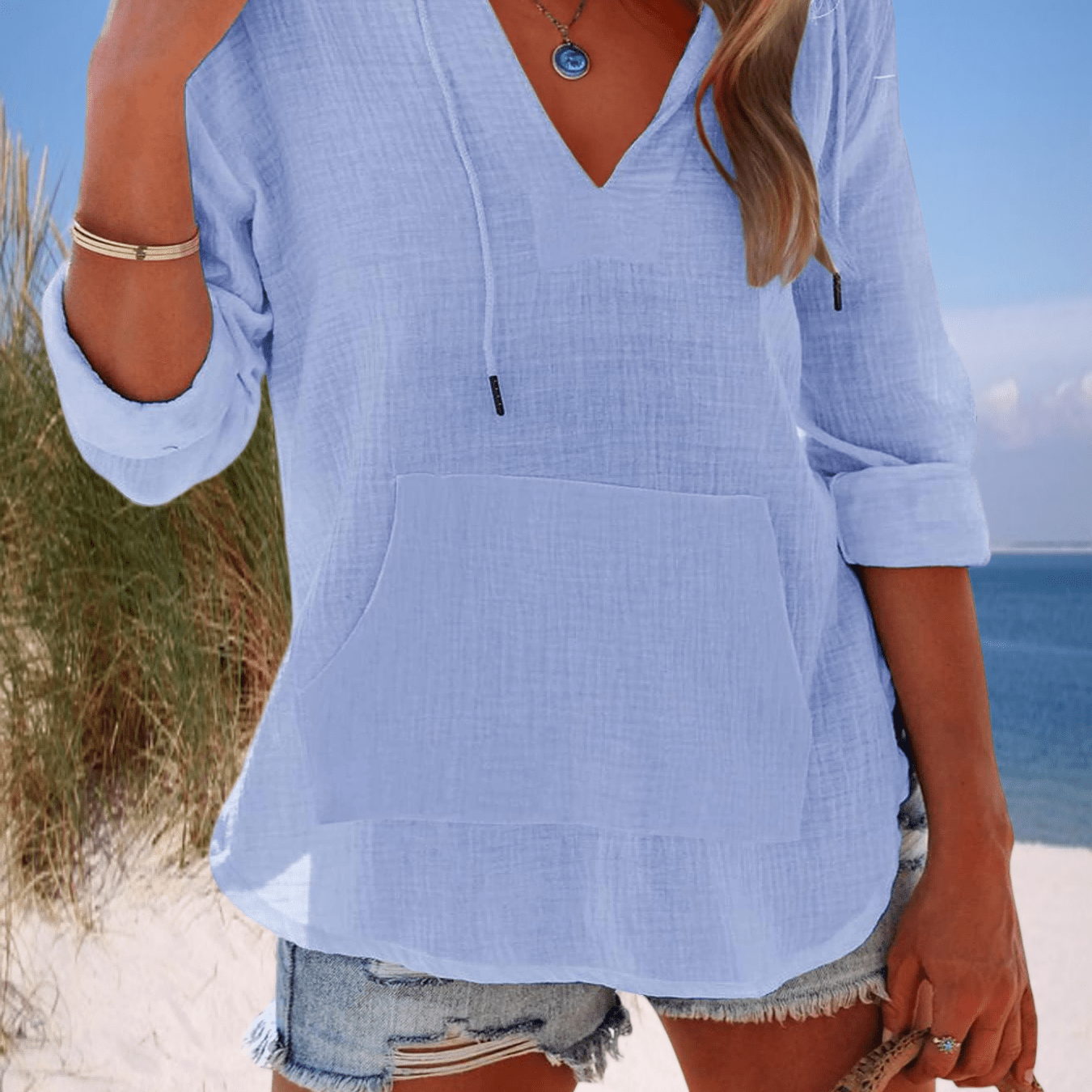 Image of Women's Summer Beach Cover-up Hoodie Sweatshirt Long-sleeve V-neck Hooded Top With Pockets | , Solid Color, Spring/summer Season