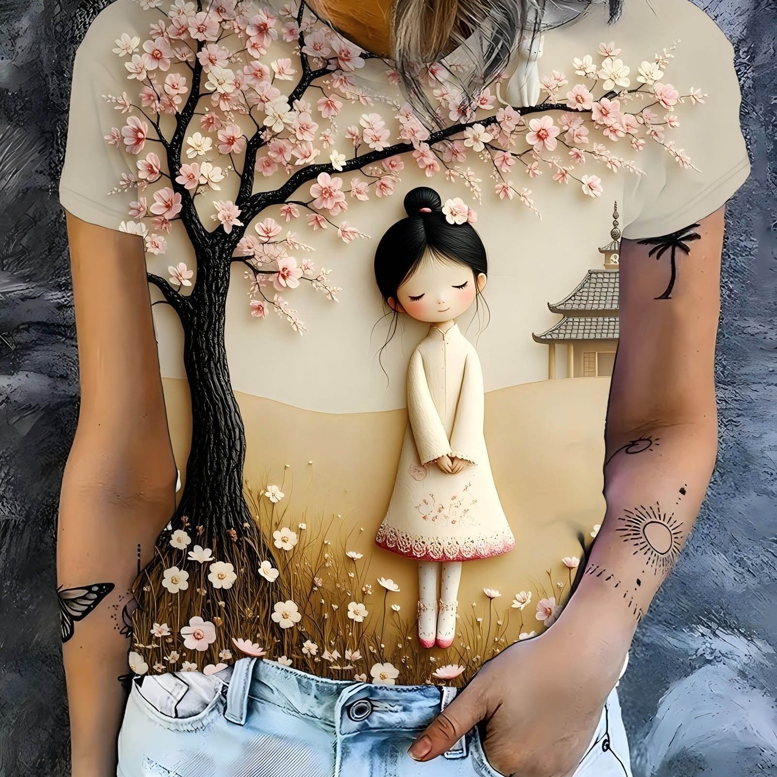 TEMU Sakura And Cute Cat Printed T-shirt, Women's Summer Fashion Top, Women' Wear, Women's Casual And Comfortable Round Neck T-shirt