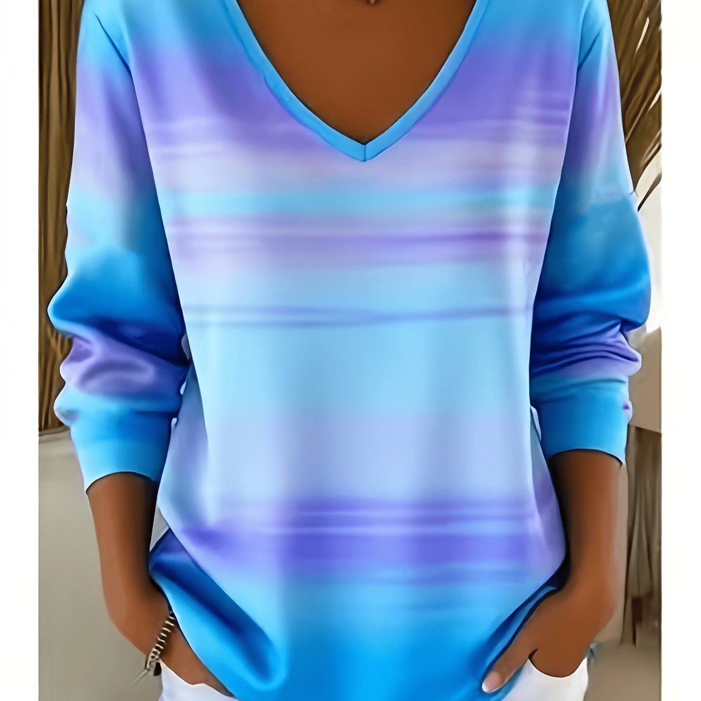 TEMU V-neck Long Sleeve Women's Gradient Printed Casual Top