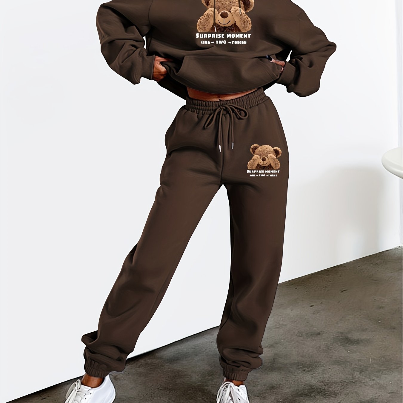 TEMU Toy Bear Pattern Print, Women's Casual Hooded Drawstring Two-piece Set