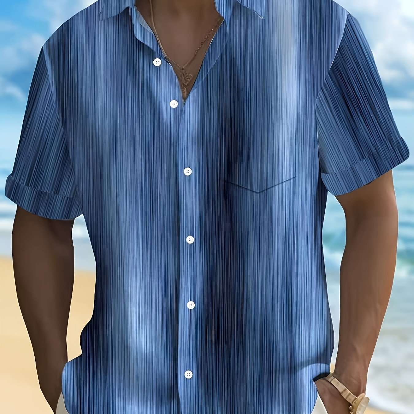 TEMU Men's Short-sleeve Shirt With Retro Gradient Striped Print And Pockets