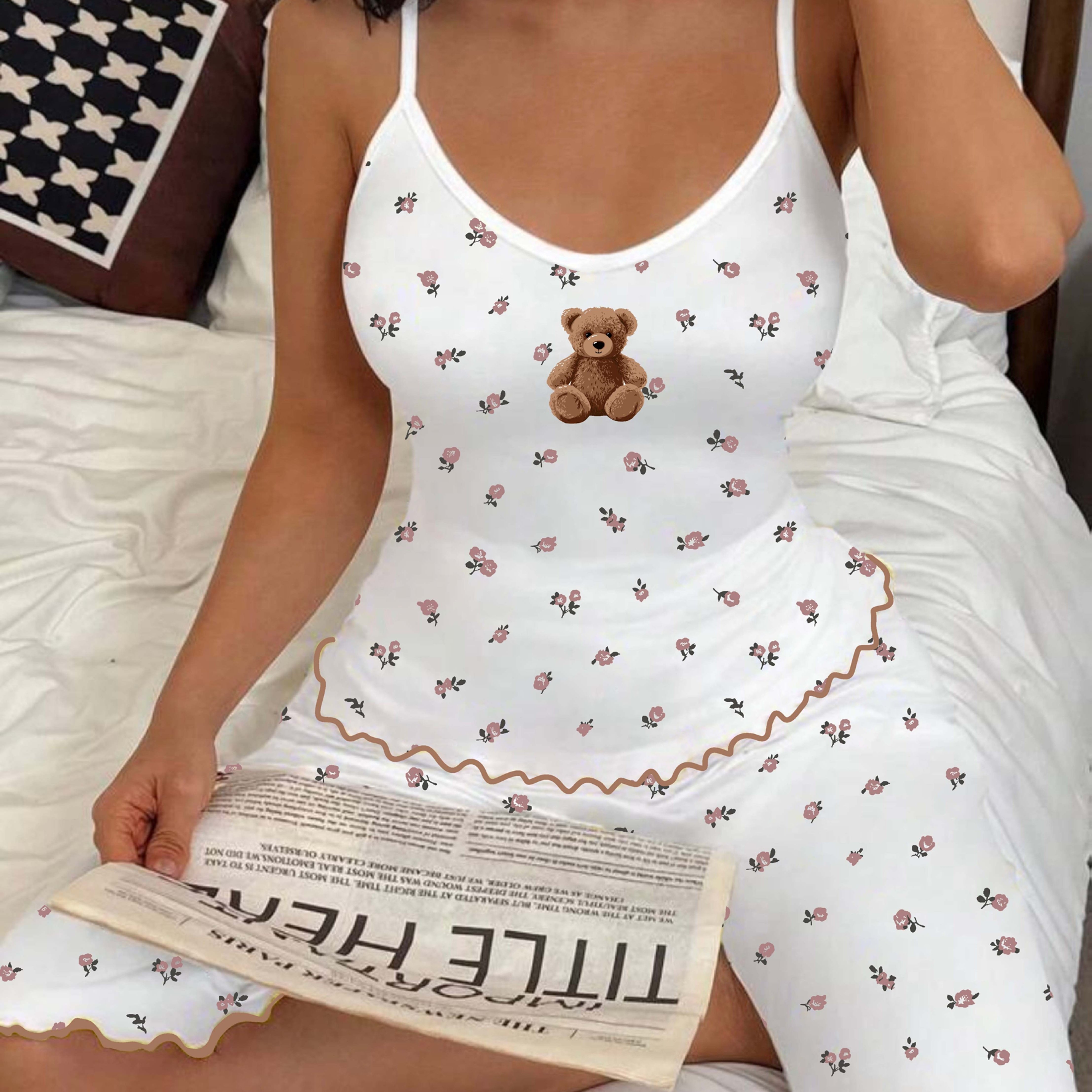 Image of Ladies' Cute Bear And Floral Print Pajama Set, Sleeveless Cami Top And Capri Pants, Soft Pajamas, Suitable For Sleep And Daily Wear, 2pcs Pajama Loungewear Set